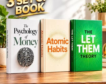 May include: A set of three books titled The Psychology of Money, Atomic Habits, and The Let Them Theory. The first book is white with a brain graphic, the second is cream with orange text, and the third is green with white text.