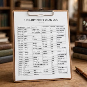 Pode incluir: Uma prancheta de madeira castanha segurando uma folha de papel branca intitulada LIBRARY BOOK LOAN LOG. O documento apresenta uma tabela com colunas para data de empréstimo, nome, título do livro, data de devolução e notas.