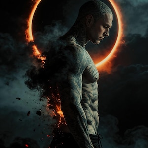 May include: A shirtless person with extensive full-body tattoos stands in profile against a dark, cloudy background featuring a glowing orange ring of light. The person wears black shorts, and their back appears to be dissolving into embers and smoke.