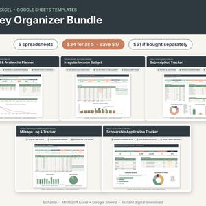 May include: A digital Money Organizer Bundle containing five Excel and Google Sheets templates: Debt Snowball & Avalanche Planner, Irregular Income Budget, Subscription Tracker, Mileage Log & Tracker, and Scholarship Application Tracker.