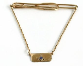 Vintage Gold Filled Tie Clip with Chain - Masonic G Emblem - Designer Swank - Mid Century Era - Circa 1950's