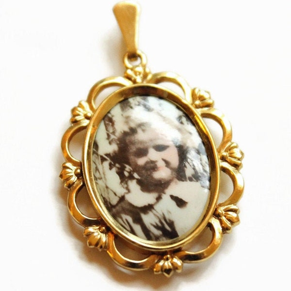 Vintage Photograph of Young Girl Pendant - Celluloid Hand Painted Photograph - Gold Filled Necklace - Circa 1940's