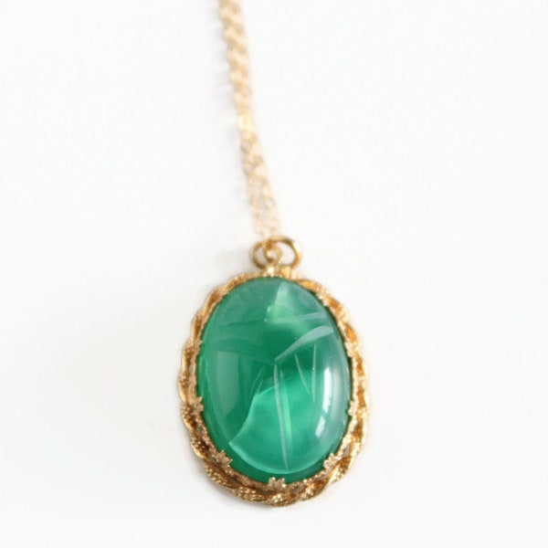 Vintage Green Chalcedony Scarab Pendant Necklace - Gold Filled  - Gift for Her - Circa 1960's