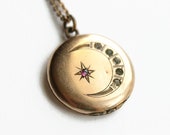 Antique Crescent Moon Star Locket Necklace - Victorian Gold Filled Locket - Photo Locket - Gift For Her - 1900 39 s