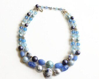 Vintage Blue Double Strand Necklace, Retro Costume Jewelry, Japan, Circa 1960's