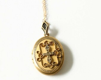 Vintage Gold Filled Locket Necklace - Fleur De Lis Cross - W.E.H Hallmark - Gift For Her