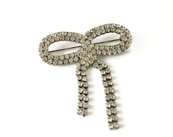 Vintage Rhinetone Bow Brooch - Mid Century Fashion - Prong Set Glass Stones - Circa 1950's