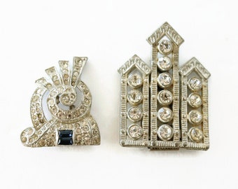 Art Deco Dress Clips - Rhinestone Blue Stone - Fur Clips - Duettes - Clip Pins - Circa 1930's