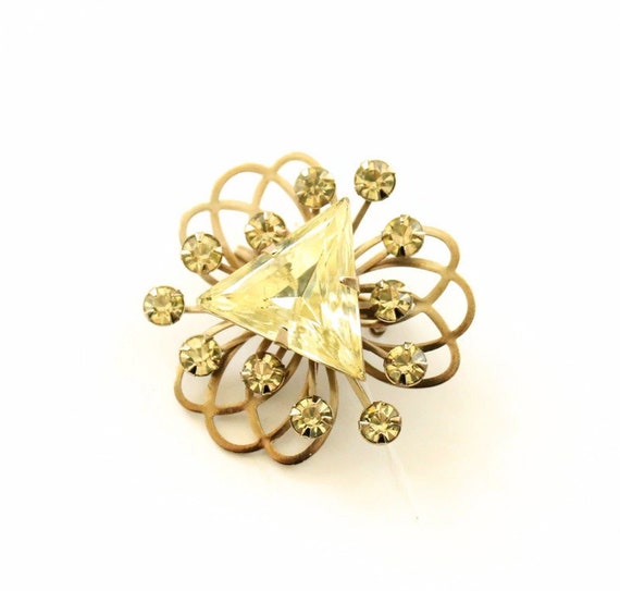Broche Vintage En Perles De Verre Facettées Jaune Pâle Et Cuivre Irisé - Laiton - Pièce Unique
