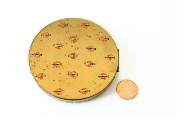 Vintage Gold Compact - Makeup Powder Mirror - Red… - image 3