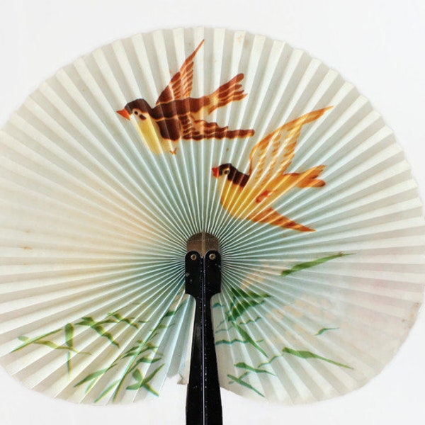Vintage Hand Painted Hand Fan with 2 Birds Flying - Accessory or Home Decor - Circa 1950's