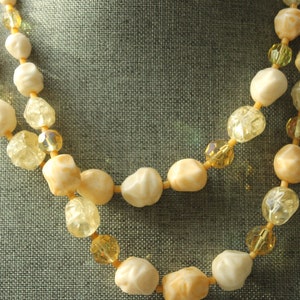 Vintage Chunky Beaded Necklace - Layered Strands - Yellow Beige White Colored - Mid Century Era