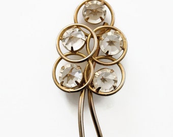 Vintage Clear Glass Stone Brooch - Abstract Gold Tone - Retro Jewelry Circa 1960's