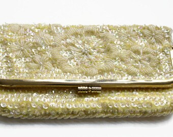 1960's Vintage Yellow Beaded Sequin Clutch, Retro Fashion, Mid Century Fashion