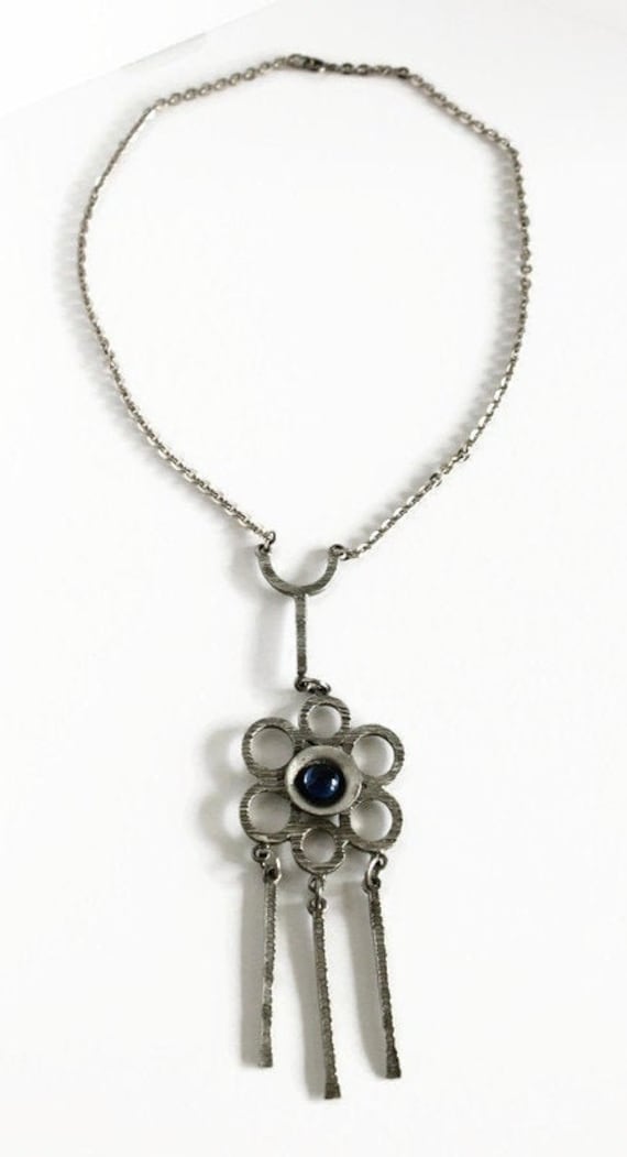 Vintage Brutalist Pewter Necklace with Blue Stone… - image 1