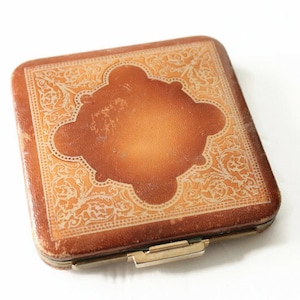 Vintage Leather Compact - Tan Powder Mirror Make Up Compact - Designer Lin Bren - Mid Century Era