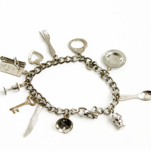 Vintage CORO Charm Bracelet - Silvertone - Retro 11 Charms - Fork Spoon Plate Heart Key