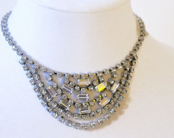 Vintage Rhinestone Choker Necklace, Midcentury Old Hollywood Glamour Costume Jewelry, Circa 1950's