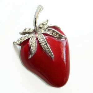 Vintage Red Strawberry Brooch - Enamel with Rhinestones - Mid Century Era Costume Jewelry