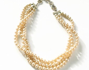 Vintage Pearl Choker Necklace - Three Strand Faux Costume Jewelry Rhinestone Clasp