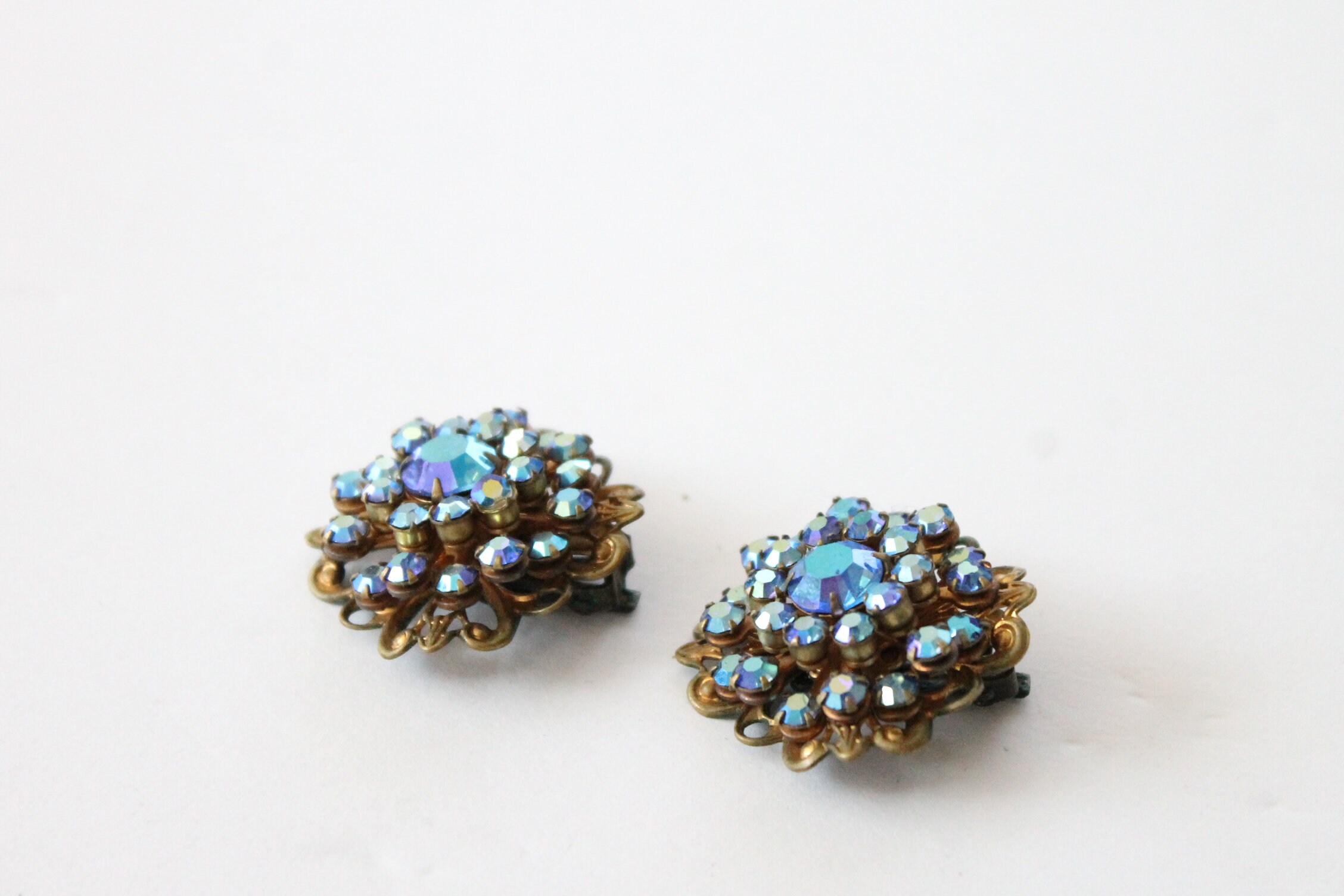 Boucles D'oreilles Vintage Clips En Métal Doré Avec Quartz Aurore Boréale Miel - Modèle E150