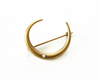 Antique Crescent Moon Brooch with Seed Pearl - 10k Gold - Victorian Era - Gift for Her - "Honeymoon Pin"