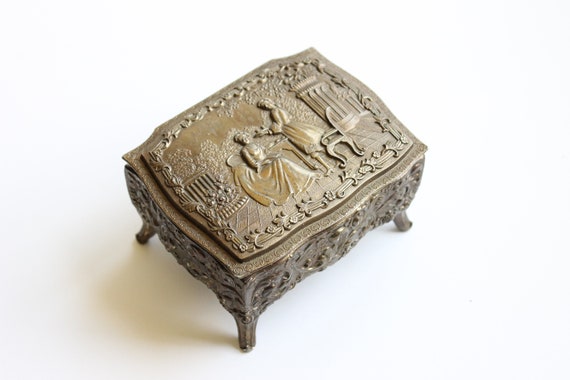 Vintage Metal Jewelry Box, Red Interior, Victorian
