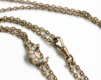Antique Victorian Slide Chain Lorgnette - Opal Crescent Moon Gold Filled - Necklace - Circa 1900's