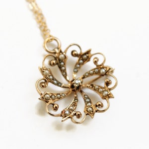 Victorian 10k Yellow Gold Necklace - Diamond and Seed Pearl Converter Pendant - Brooch - Gift for Her - 1890’s