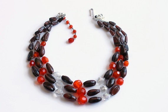 Vintage Red Orange and Brown Beaded Three Strand … - image 1