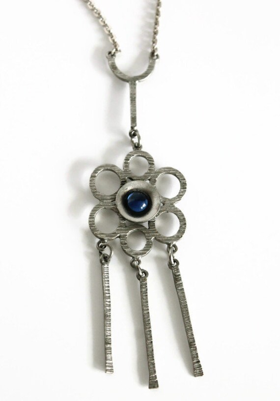 Vintage Brutalist Pewter Necklace with Blue Stone… - image 4