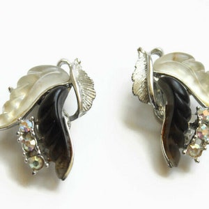 Vintage Black and White Clip on Earrings with Rhinestones - Retro Costume Jewelry - Kitschy Fashion - Circa 1960&#39;s