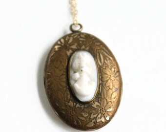 Antique Cameo Locket Necklace - Engraved 'Eva' -  Gold Filled Chain - Photo Keepsake Oval Locket