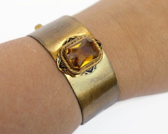 Vintage Gold Bracelet - Orange Glass  Victorian Revival - Hinged Bracelet -