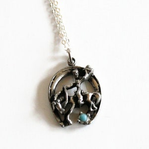 Cowboy Pendant Necklace, Vintage Horseshoe Turquoise Silver Jewelry Gift for Her Circa 1950&#39;s