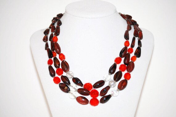 Vintage Red Orange and Brown Beaded Three Strand … - image 4