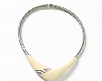 Vintage Monet Choker Necklace Silver Tone and Cream Enamel Omega Chain - Circa 1980's