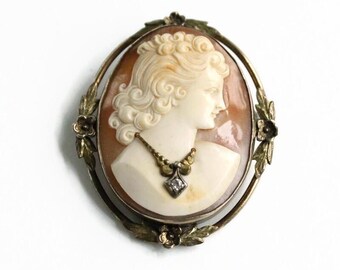 Antique Art Nouveau Cameo Habille Diamond Brooch or Pendant - Gold Filled Shell - Circa 1910's