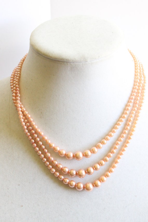 Vintage Pink Pearl Multi Strand Necklace - Romant… - image 1