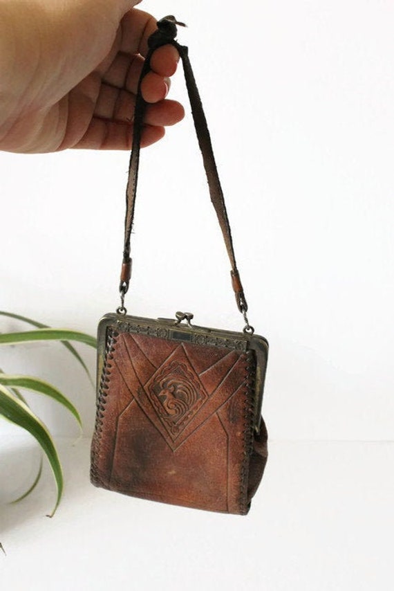 Antique Tooled Leather Jemco Purse – Arts and Crafts Era Handbag