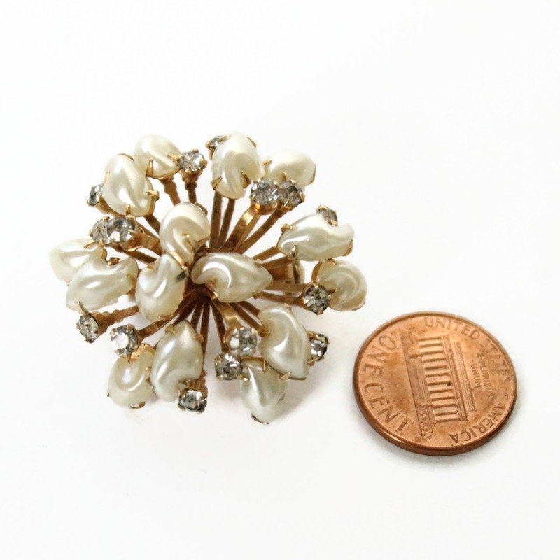 Broche Vintage Perles Et Strass - Bijou Ancien Doré - Occasion En Bon état