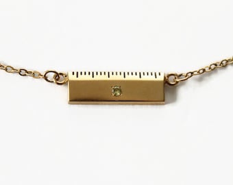 Vintage Ruler Charm Necklace - Green Stone - Gold Filled - Gift for Her - Circa