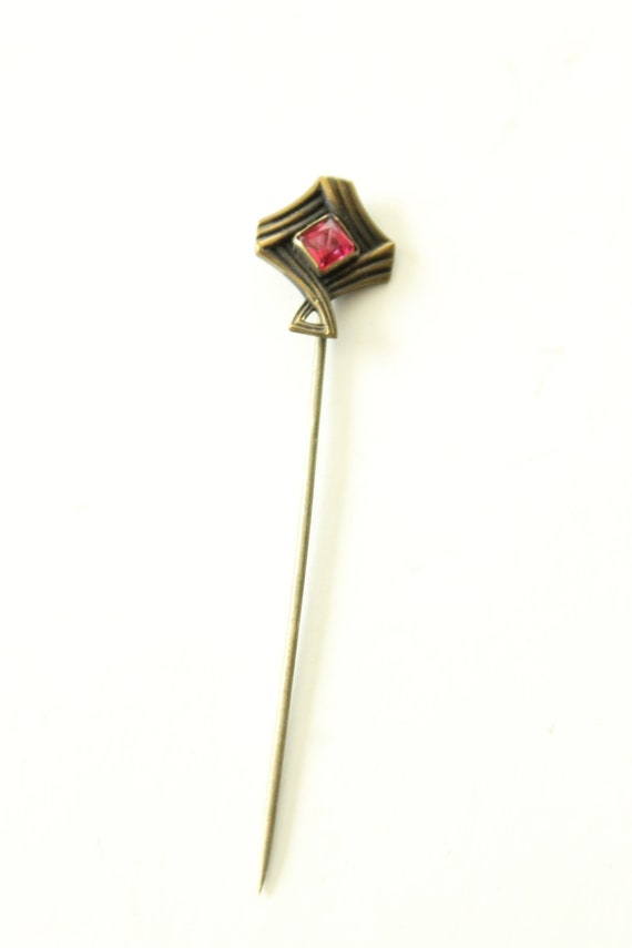 Antique Stick Pin - Simulated Ruby Glass - Lapel … - image 3