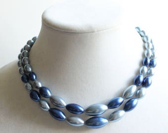 Vintage Blue Beaded Necklace, Double Strand, Retro Costume Jewelry, Circa 1960's