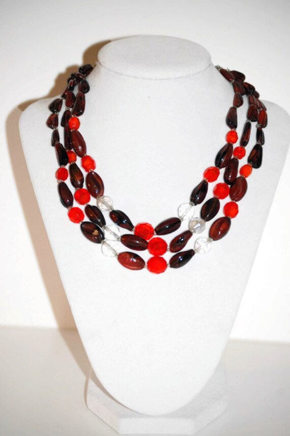 Vintage Red Orange and Brown Beaded Three Strand … - image 5