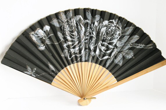 Vintage Black and White Floral Fan - Japan - Woode