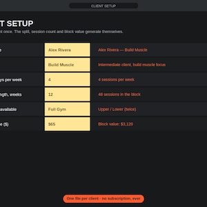 May include: A digital client setup interface with a dark gray background and light text. The table displays fields for client name Alex Rivera, goal Build Muscle, 4 training days, 12 weeks, full gym equipment, and a $65 session rate.
