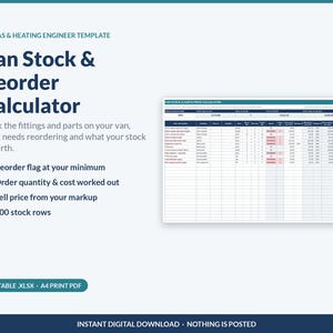 May include: A digital template titled UK Gas & Heating Engineer Template Van Stock & Reorder Calculator. It features a spreadsheet interface with columns for item descriptions, categories, stock levels, and pricing, plus a list of features.
