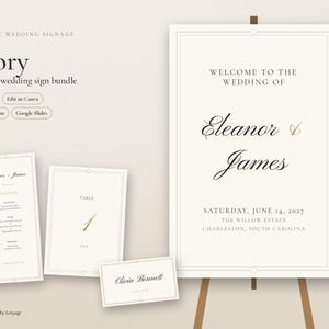 Klassieke trouwdecoratieset, bewerkbaar welkomstbord, plattegrond, tafelnummers, menu, naamkaartjes, Canva-sjabloon, elegant lettertype