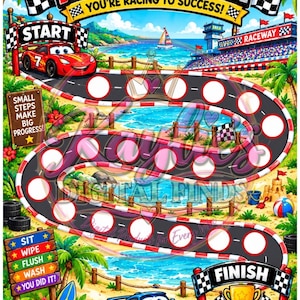 May include: A colorful potty chart featuring a race track theme with a red race car at the start and a blue race car at the finish. The chart includes white circular spaces for tracking progress, palm trees, a beach, and signs reading POTTY CHART, START, FINISH, and SIT WIPE FLUSH WASH YOU DID IT.